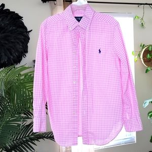 Ralph Lauren Boys Pink Gingham Print Plaid Button Shirt Size 8